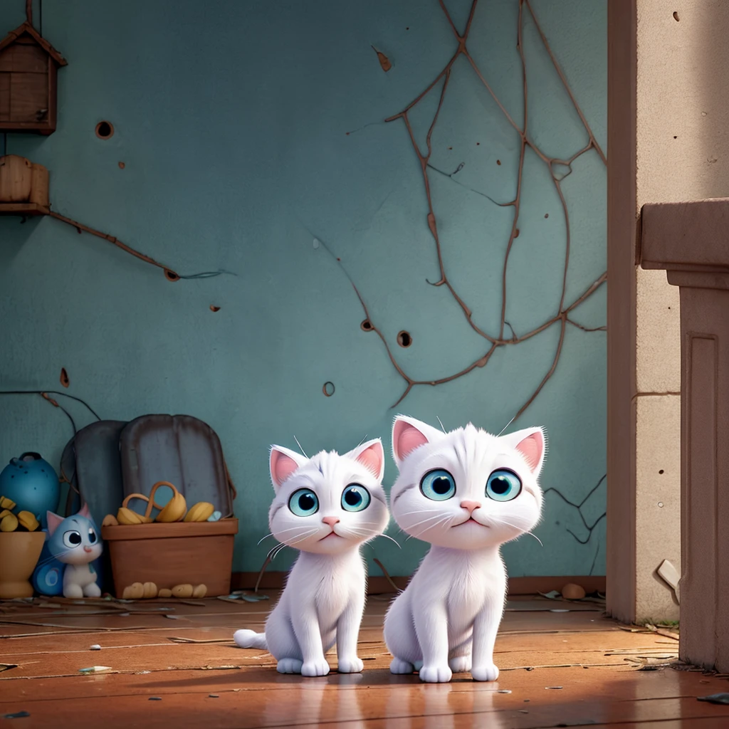 ((Best quality)), ((pixar animation)), (detailed), 1 small white kitten, big and tearful eyes, scared on a night of rain and storms, he is under a balcony of an abandoned house, in the affection of the wall near the entrance door, he is alone
