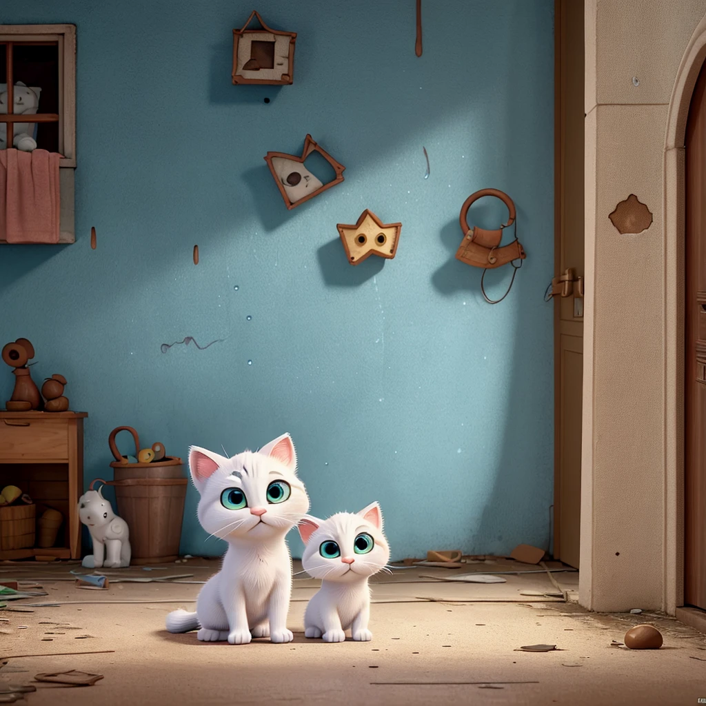 ((Best quality)), ((pixar animation)), (detailed), 1 small white kitten, big and tearful eyes, scared on a night of rain and storms, he is under a balcony of an abandoned house, in the affection of the wall near the entrance door, he is alone