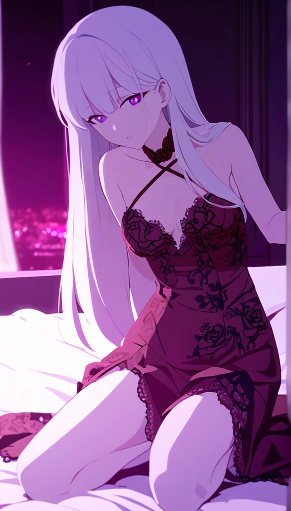 a girl with long white hair, purple eyes, wearing a red lace dress, kneeling on a large bed, in the dark with violet tones, sexy, sensual