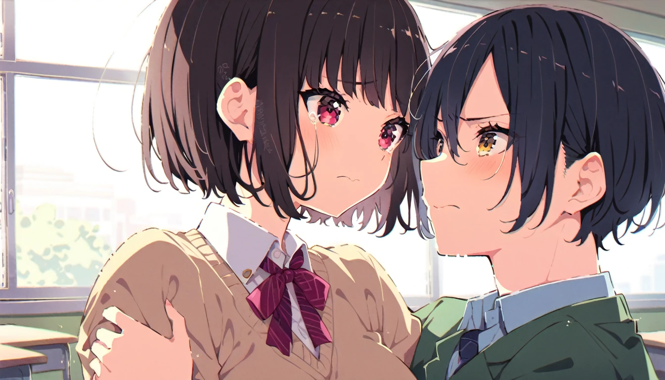 A middle-aged man with black bob hair and a blazer uniform is crouching down and holding onto the handrail of a train.、Smelling the ass of a girl in a navy blue checked skirt