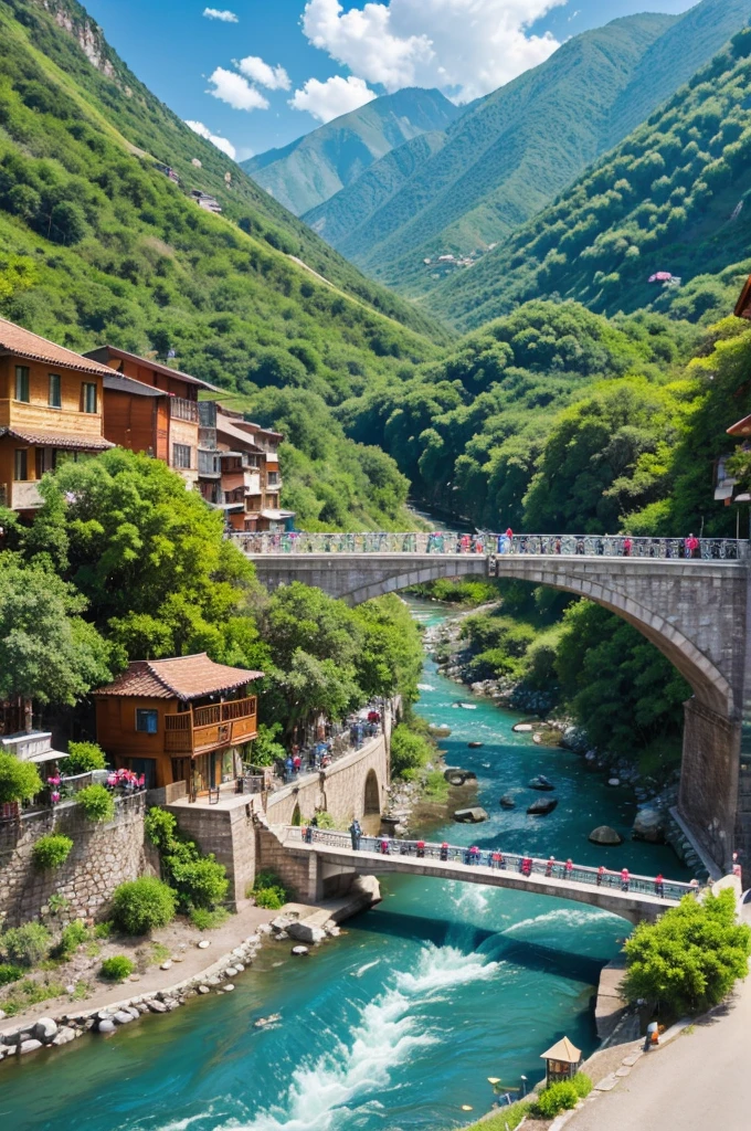 

"A vibrant and bustling bridge over a flowing turquoise river in a mountainous region. The bridge is adorned with colorful flags fluttering in the breeze. Below, the river rushes through the valley, surrounded by lush green trees and quaint buildings. The background features majestic mountains under a bright blue sky with scattered clouds, creating a picturesque and lively scene. People are walking across the bridge, enjoying the beautiful scenery