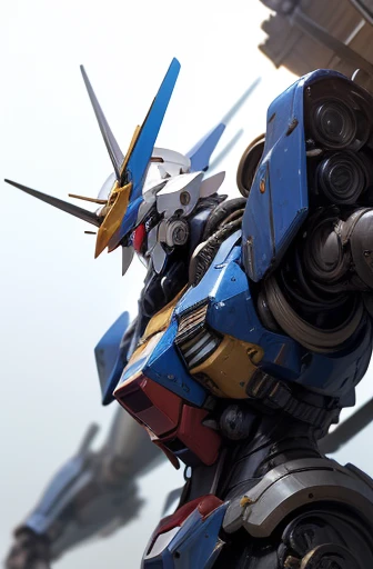 Highest quality、Fantasy、masterpiece、The whole body of a giant robot like Gundam、Blue on white、red、Yellow coloring、Glossy body with exquisite details、Well-proportioned limbs、A detailed depiction of a knight's helmet-like head、A precisely drawn Gundam-like face、Holding a large, detailed shield, Floating in outer space、Shining in the sunlight、Space War、explosion、Intersecting beams