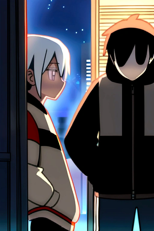 Sleep deprived, white hair, Grey eyes , young man, casual clothing, black fanny pack, sitting near a stall, hands on pocket, near a pure white girl silhouette that gliches, anime, night, city, 2k quality,