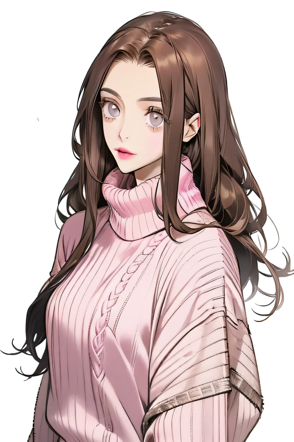 girl, long brown hair, dark gray eyes, soft sharp features, White skin, pink lips, sweater
