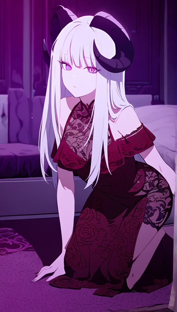 a girl with long white hair, purple eyes, wearing a red lace dress, kneeling on a large bed, in the dark with violet tones, sexy, sensual,black goat horns,voluptuous 