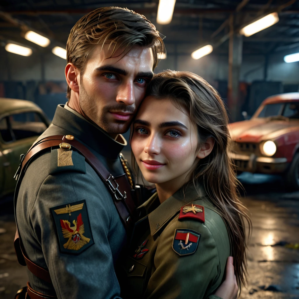 dystopian style , post-apocalyptic, dramatic, highly detailed, stunningly beautiful European girl standing , cute looking girl ,, handsome man with military costume hugs from behind her , wreck cars garage ,car's lights are on , dark floor like mirror , reflections,close-up shot, highly detailed, realistic, hyperrealism, lifelike photography , extremely detailed skin, she has beautiful mesmerizing face and small nose , dark shadows, indoors , cute smile , dim light