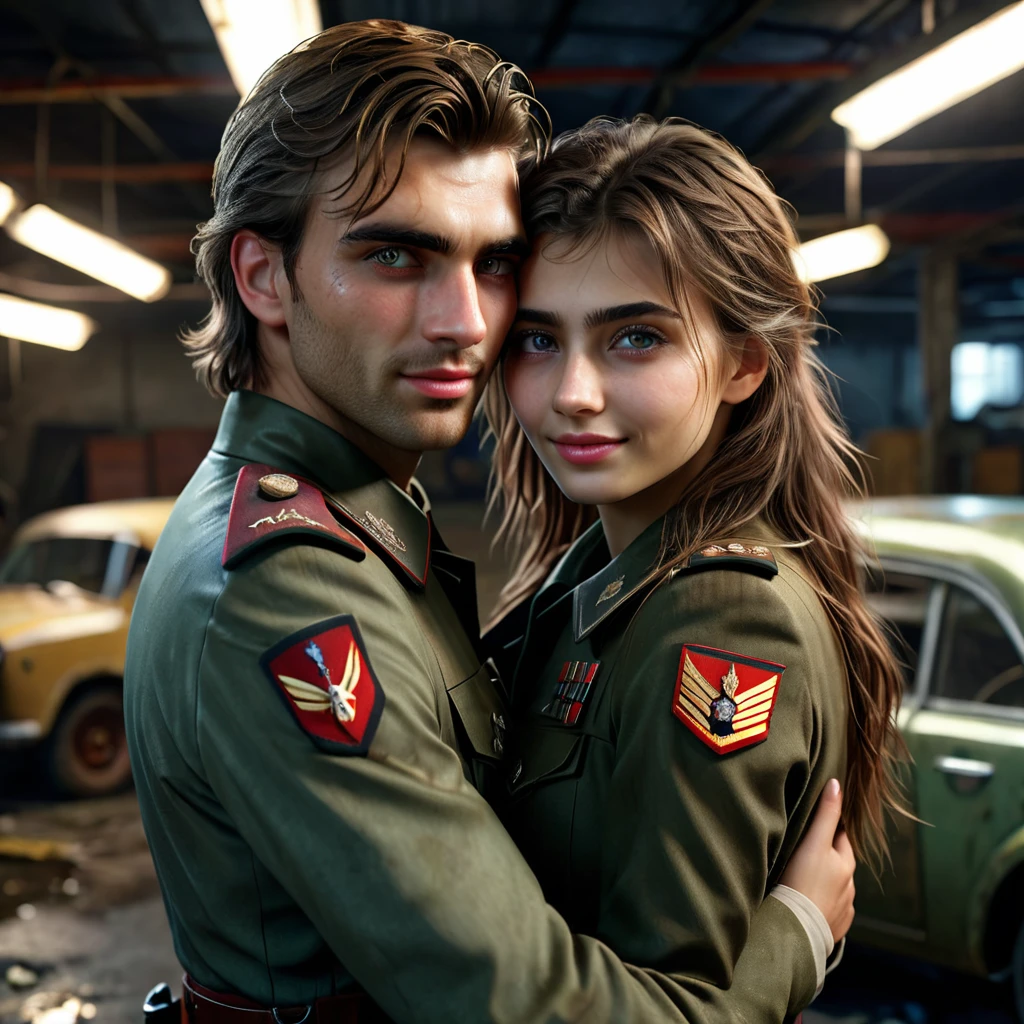 dystopian style , post-apocalyptic, dramatic, highly detailed, stunningly beautiful European girl standing , cute looking girl ,, handsome man with military costume hugs from behind her , wreck cars garage ,car's lights are on , dark floor like mirror , reflections,close-up shot, highly detailed, realistic, hyperrealism, lifelike photography , extremely detailed skin, she has beautiful mesmerizing face and small nose , dark shadows, indoors , cute smile , dim light
