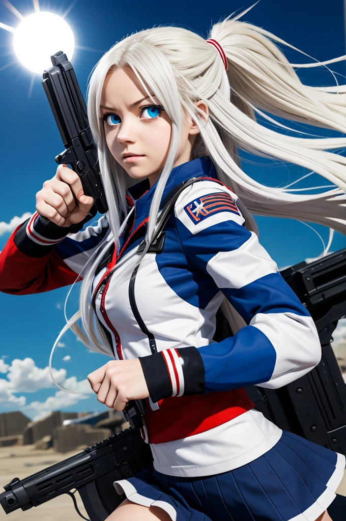 Boku no hero academia style girl Girl with long white hair and blue eyes fighting with two guns in her hand