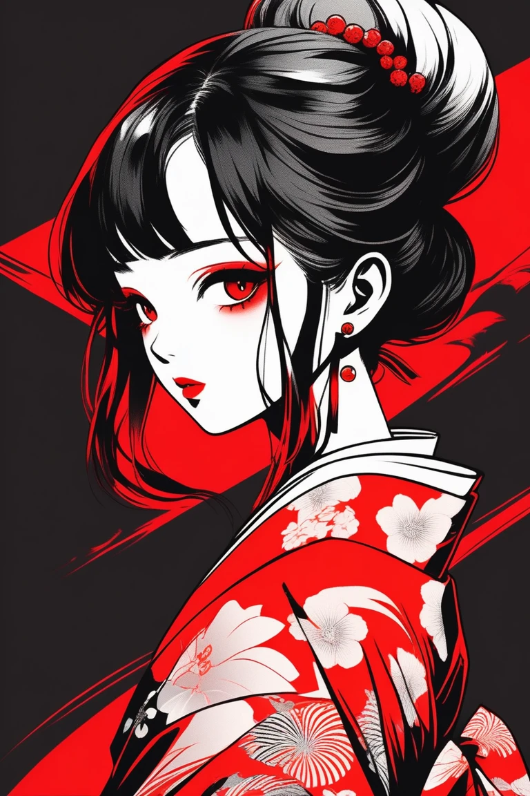 (best quality, sketch:1.2),realistic,illustrator,anime,1 girl, detailed lips, kimono,custom, black and red gradient background,neon hair,textured cropping, masterpiece, style retro classic, noir style , Japanese style, ((monochrome))