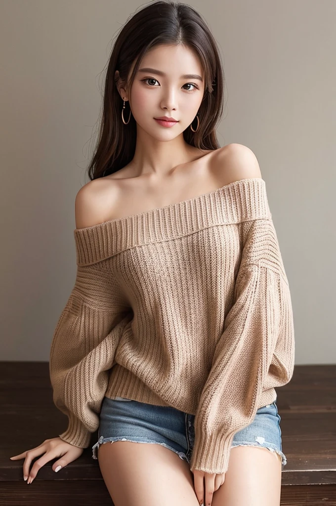 ((Highest quality)), ((masterpiece)), (detailed), One girl, Off-the-shoulder sweater, 