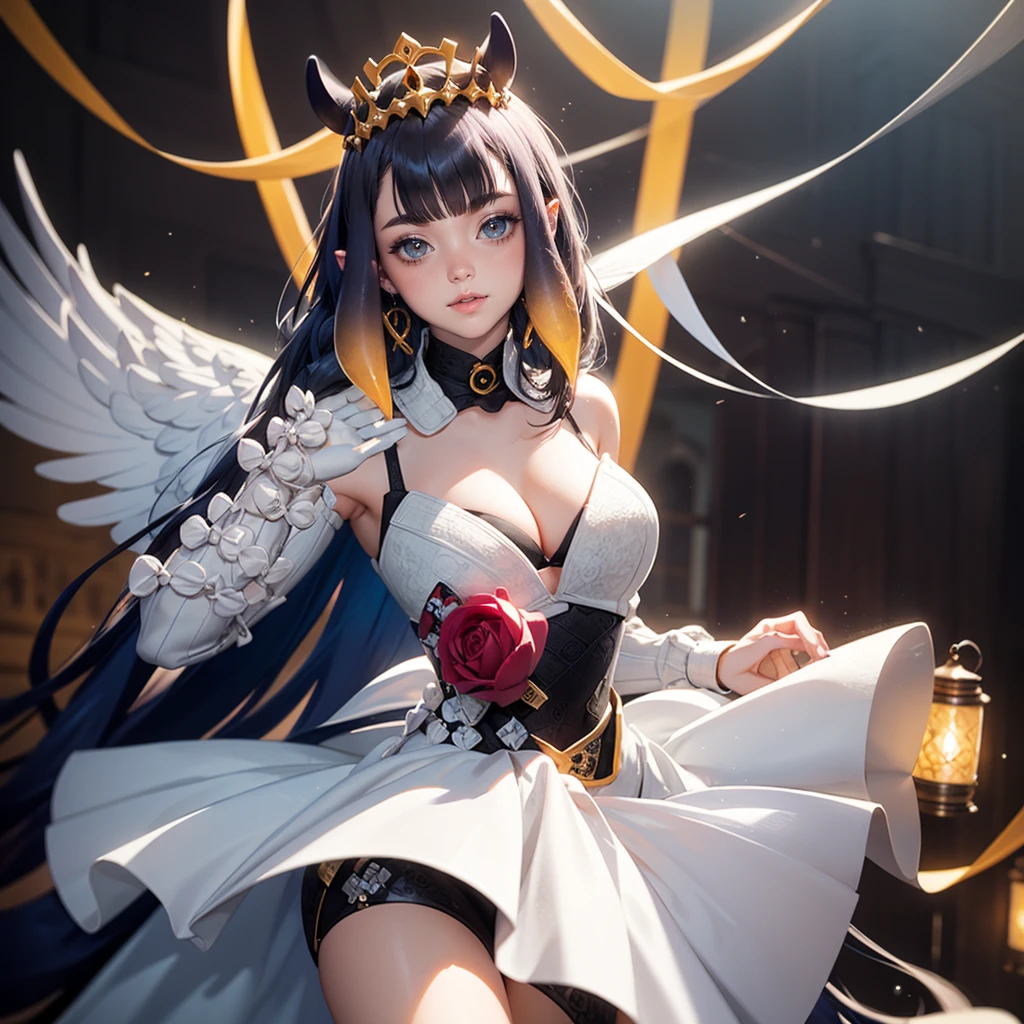Ninomae Ina'nis, VTuber, gold tiara on her bangs, white roses, ornament hair, white roses on her hair, angel, perfectly body, perfectly hands, multicolored hair, violet hair, orange hair, long hair, garden scenery, gold lantern, wedding dress, white dress, a dress with layers, a lot of frills, more details on her clothes, golden details on the dress, night, ((4k, masterpiece, top-quality)),8k, best quality, high resolution, HD, (illustration:0.8), super cute girl, delicate and beautiful face, 1girl, solo, mature girl, super cute hairstyle, (beautiful detailed eyes:1.6), extremely detailed face, perfect lighting, extremely detailed CG, (perfect hands, perfect anatomy), super complex details, intricate details, Best quality, cleavage, clothes lift, skirt, lying, full Body, perfect body ,sitting, two legs, two arms, two hands, five fingers