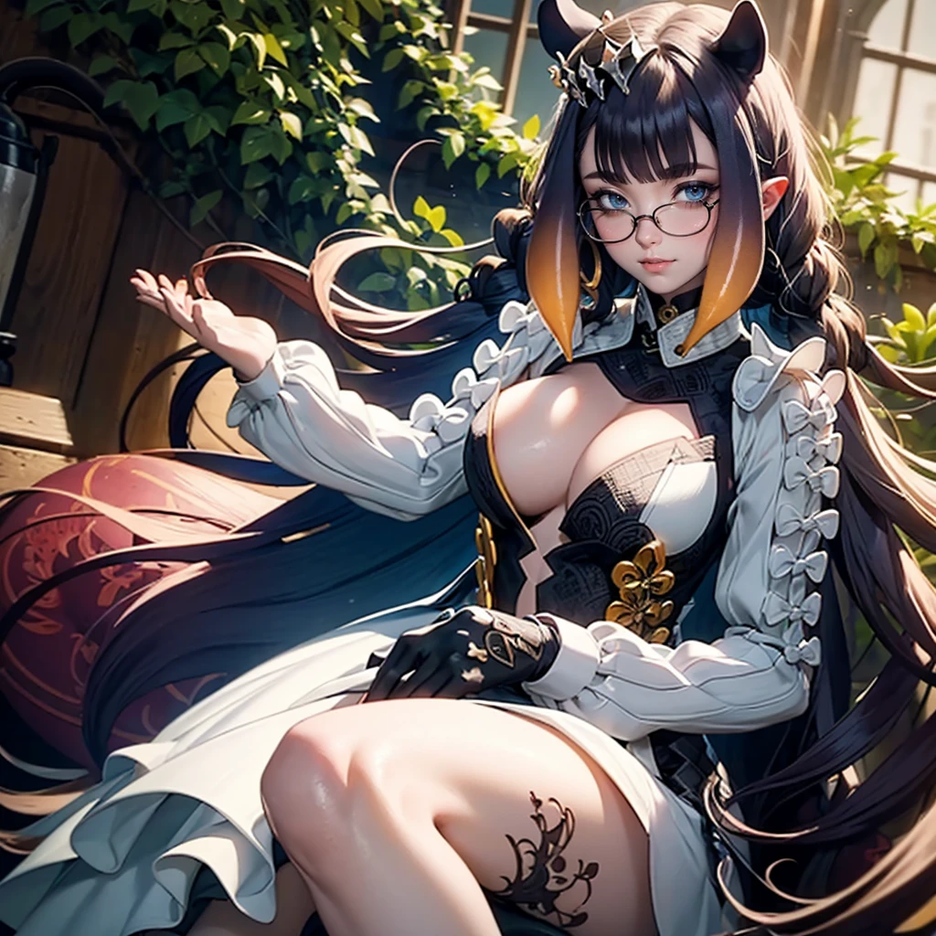 Ninomae Ina'nis, VTuber, gold tiara on her bangs, white roses, ornament hair, white roses on her hair, angel, perfectly body, perfectly hands, multicolored hair, violet hair, orange hair, long hair, garden scenery, gold lantern, wedding dress, white dress, a dress with layers, a lot of frills, more details on her clothes, golden details on the dress, night, ((4k, masterpiece, top-quality)),8k, best quality, high resolution, HD, (illustration:0.8), super cute girl, delicate and beautiful face, 1girl, solo, mature girl, super cute hairstyle, (beautiful detailed eyes:1.6), extremely detailed face, perfect lighting, extremely detailed CG, (perfect hands, perfect anatomy), super complex details, intricate details, Best quality, cleavage, clothes lift, skirt, lying, full Body, perfect body ,sitting, two legs, two arms, two hands, five fingers