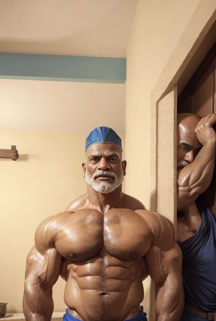 2men, A handsome mature old indian dad with a massive beard and no shirt standing in front of a door,bald head,hyper muscular, pumped, roids, huge pecs, arms, posing together, biceps, shoulders, male focus, centered, tan skin, dom, meticulous muscle definition, detailed face, big sexual energy, (60 years old)