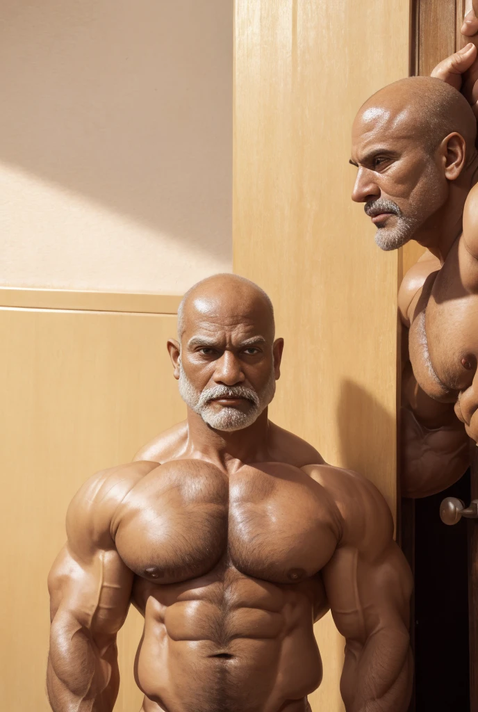 2men, A handsome mature old indian dad with a massive beard and no shirt standing in front of a door,bald head,hyper muscular, pumped, roids, huge pecs, arms, posing together, biceps, shoulders, male focus, centered, tan skin, dom, meticulous muscle definition, detailed face, big sexual energy, (60 years old)