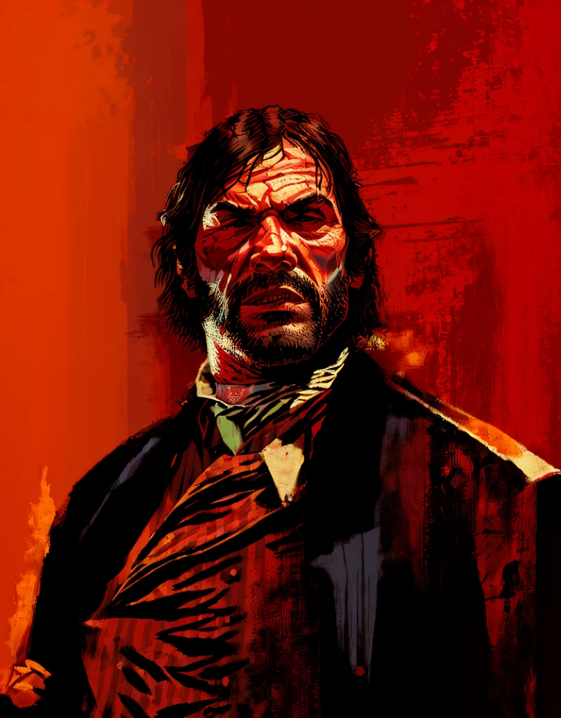R3DD34Dstyle, digital portrait, John Marston, red background