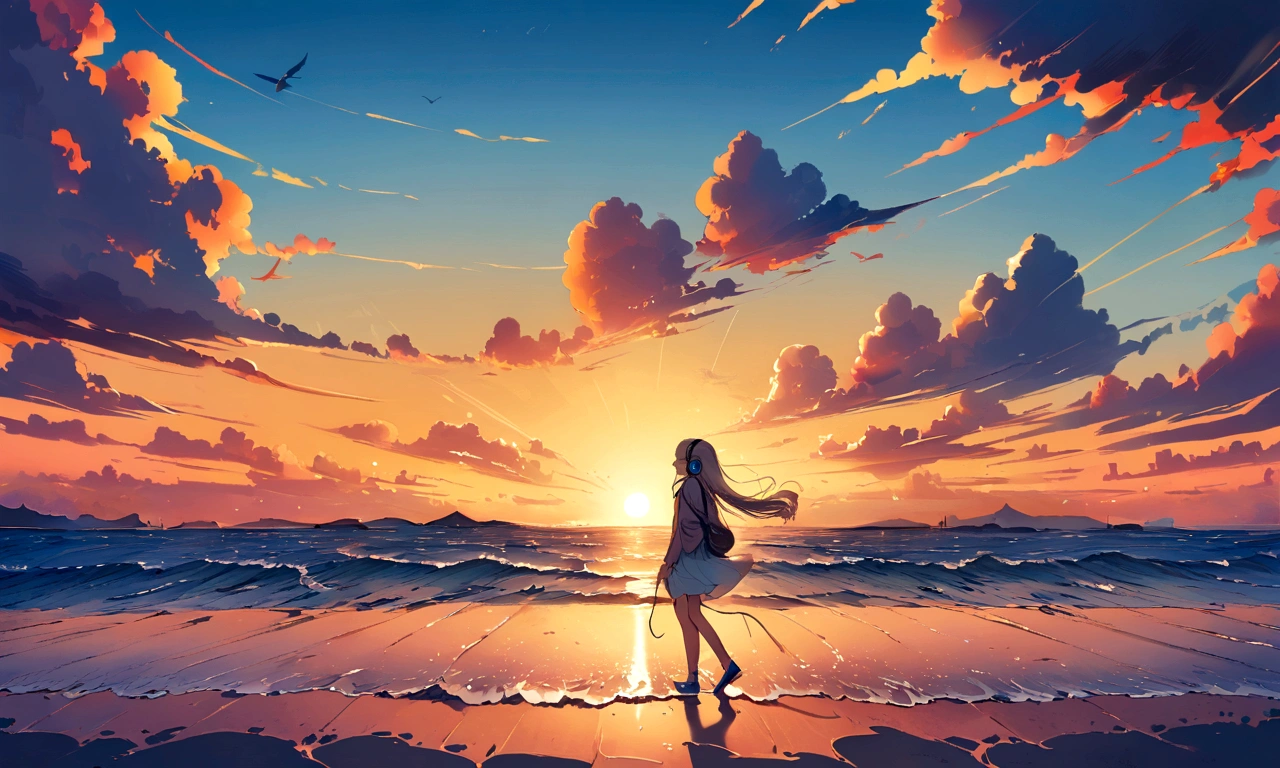 girl walking on the beach during sunset using headphones