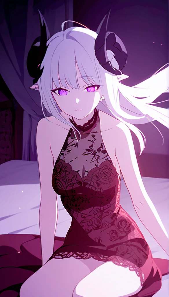 a girl with long white hair, purple eyes, wearing a red lace dress, kneeling on a large bed, in the dark with violet tones, sexy, sensual,black goat horns