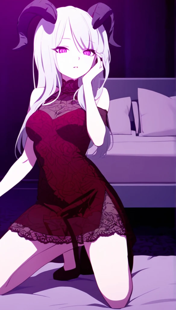 a girl with long white hair, purple eyes, wearing a red lace dress, kneeling on a large bed, in the dark with violet tones, sexy, sensual,black goat horns