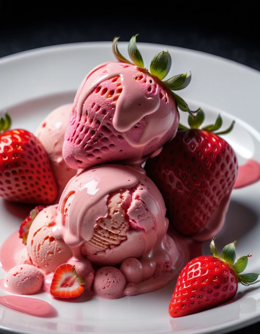 (strawberry berry and strawberry ice cream on a white plate), closeup, macroscopic photo, hyperdetalization, hyperrealism, beautiful foreshortening, cinematic, glow, reflexes, illuminated ((dominant three colors))