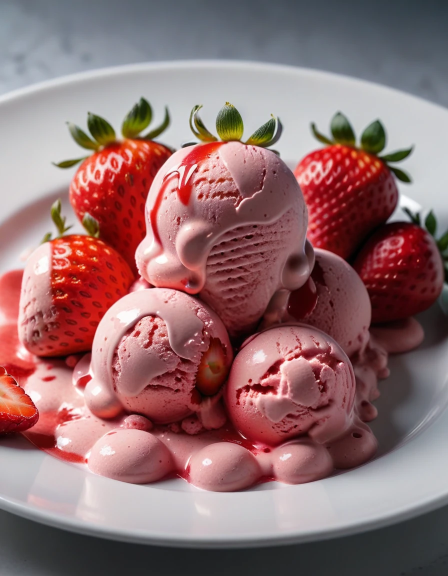 (strawberry berry and strawberry ice cream on a white plate), closeup, macroscopic photo, hyperdetalization, hyperrealism, beautiful foreshortening, cinematic, glow, reflexes, illuminated ((dominant three colors))