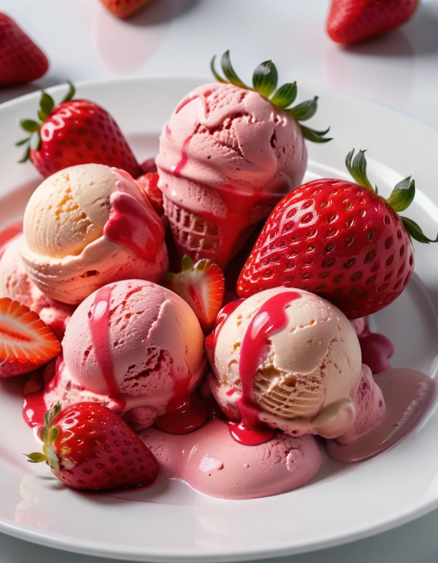 (strawberry berry and strawberry ice cream on a white plate), closeup, macroscopic photo, hyperdetalization, hyperrealism, beautiful foreshortening, cinematic, glow, reflexes, illuminated ((dominant three colors))