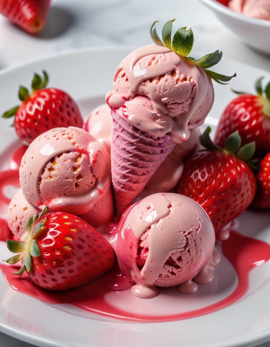 (strawberry berry and strawberry ice cream on a white plate), closeup, macroscopic photo, hyperdetalization, hyperrealism, beautiful foreshortening, cinematic, glow, reflexes, illuminated ((dominant three colors))