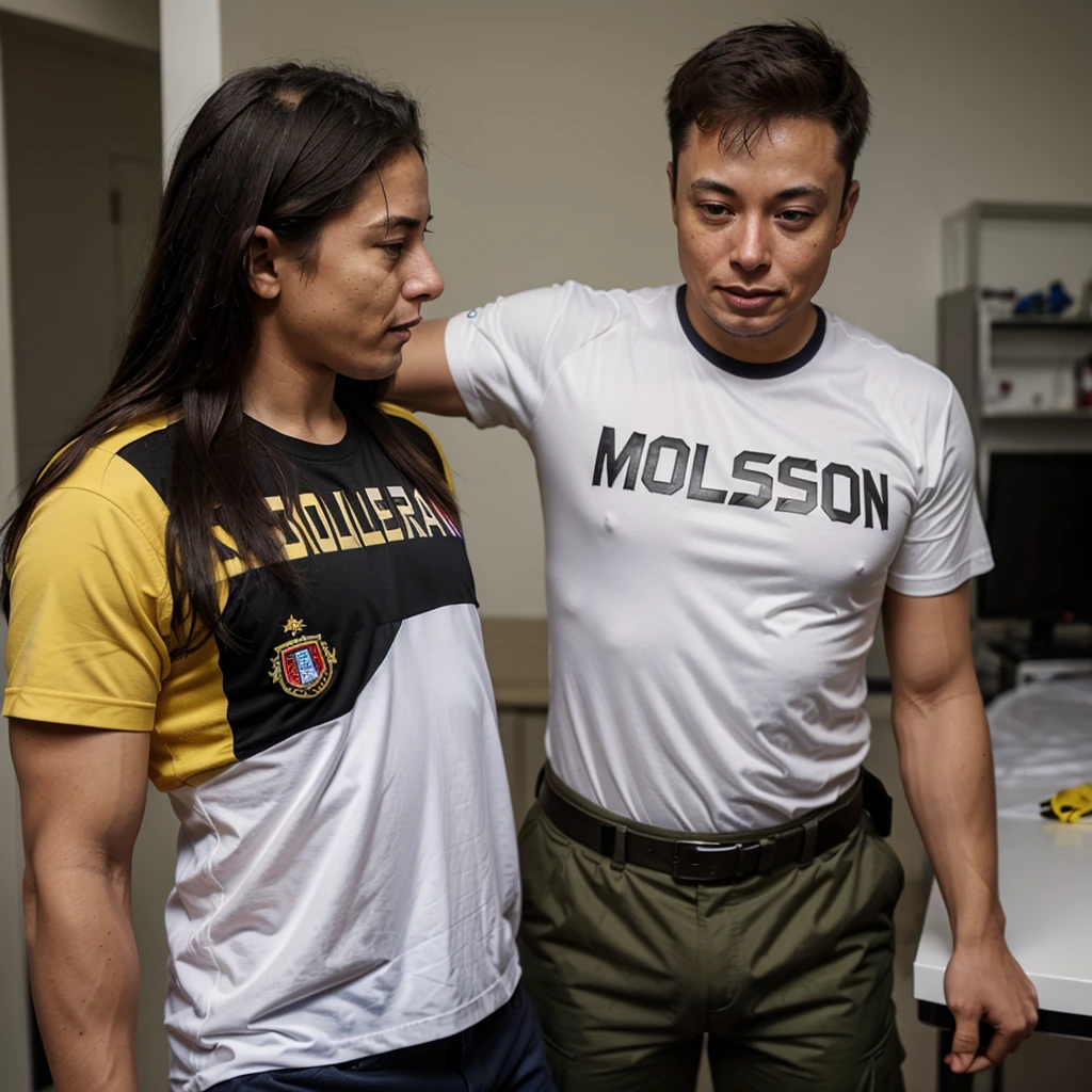 Colombian soldier giving Elon Musk shirt from the Colombian National Team 