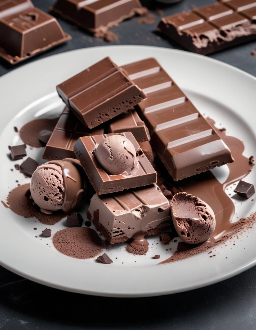 (chocolate bar and pieces of chocolate and chocolate ice cream on a white plate), closeup, macroscopic photo, hyperdetalization, hyperrealism, beautiful foreshortening, cinematic, glow, reflexes, illuminated ((dominant three colors))