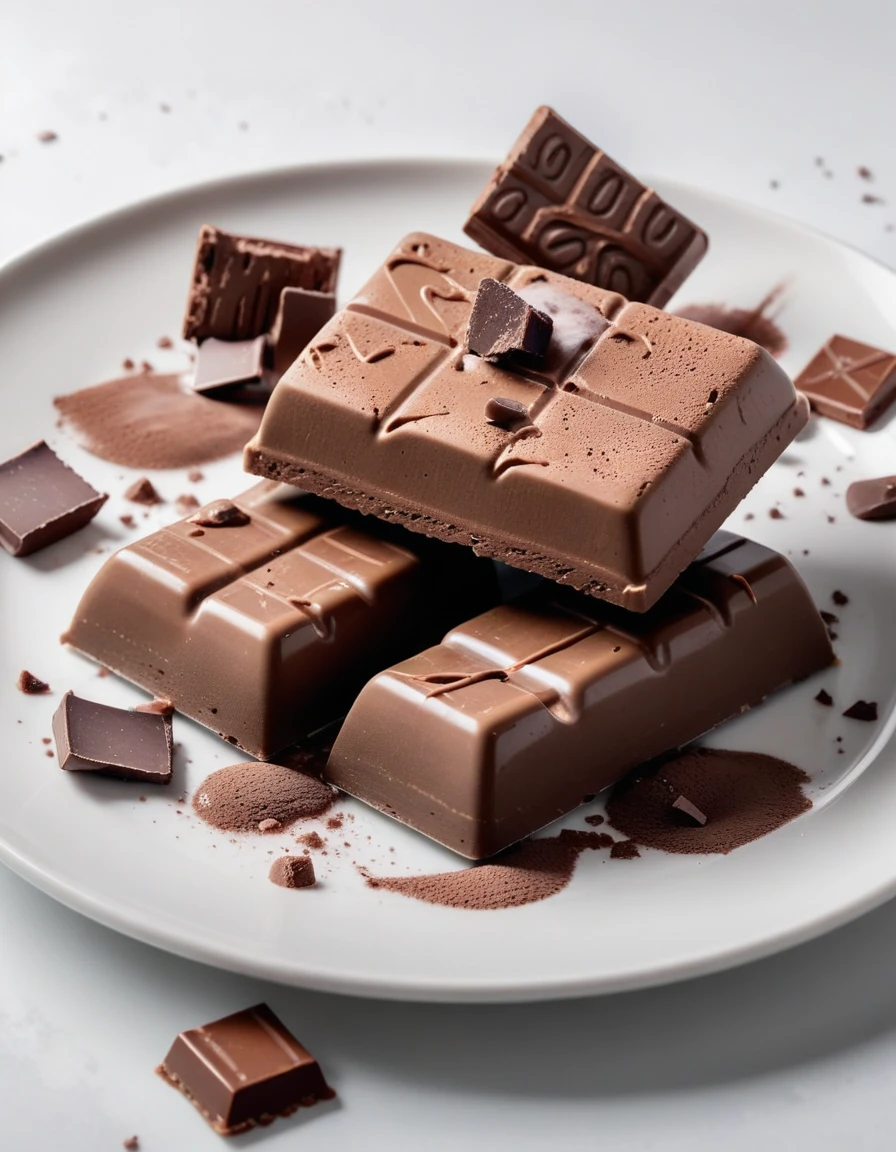 (chocolate bar and pieces of chocolate and chocolate ice cream on a white plate), closeup, macroscopic photo, hyperdetalization, hyperrealism, beautiful foreshortening, cinematic, glow, reflexes, illuminated ((dominant three colors))