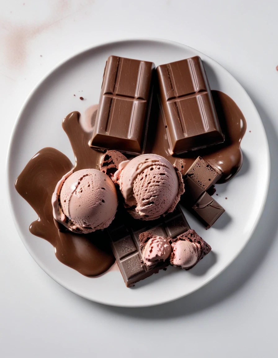 (chocolate bar and pieces of chocolate and chocolate ice cream on a white plate), closeup, macroscopic photo, hyperdetalization, hyperrealism, beautiful foreshortening, cinematic, glow, reflexes, illuminated ((dominant three colors))