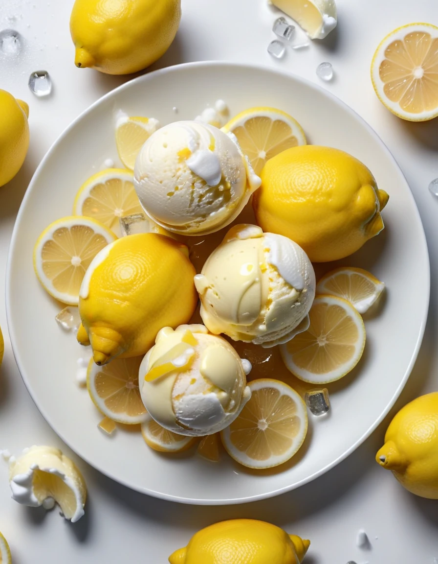 (lemons and pieces of lemon fruits and lemon ice cream on a white plate), closeup, macroscopic photo, hyperdetalization, hyperrealism, beautiful foreshortening, cinematic, glow, reflexes, illuminated ((dominant three colors))