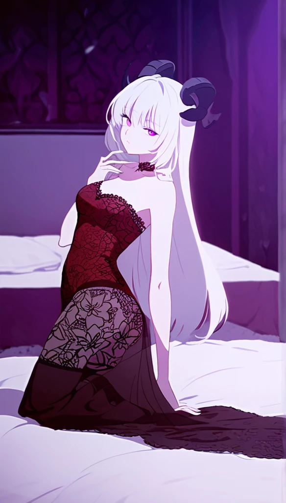 a girl with long white hair, purple eyes, wearing a red lace dress, kneeling on a large bed, in the dark with violet tones, sexy, sensual,black goat horns 