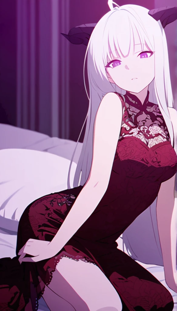 a girl with long white hair, purple eyes, wearing a red lace dress, kneeling on a large bed, in the dark with violet tones, sexy, sensual,black goat horns,voluptuous 