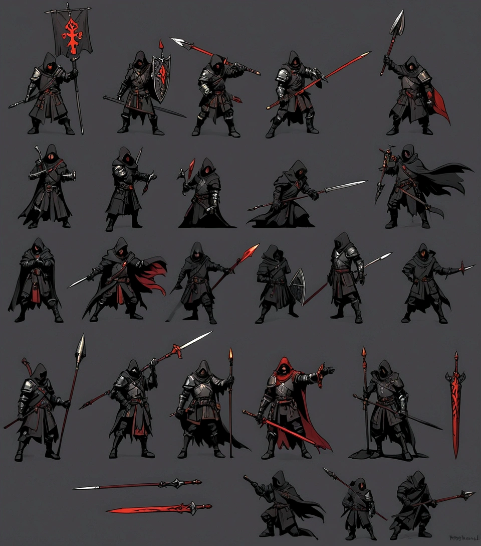Man with black cloak and armor on one shoulder, using a red sword and spear, Darkest Dungeon art style, qualidade hd, hyper detailled, 4K resolution Waiting to start