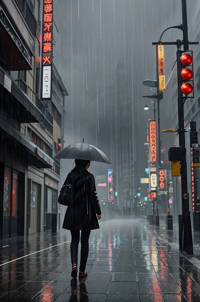 anime, City gray sky, Raining, girl walked in the rain, crying