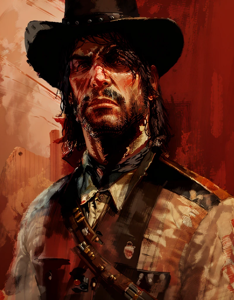 R3DD34Dstyle, digital portrait, John Marston, red background 