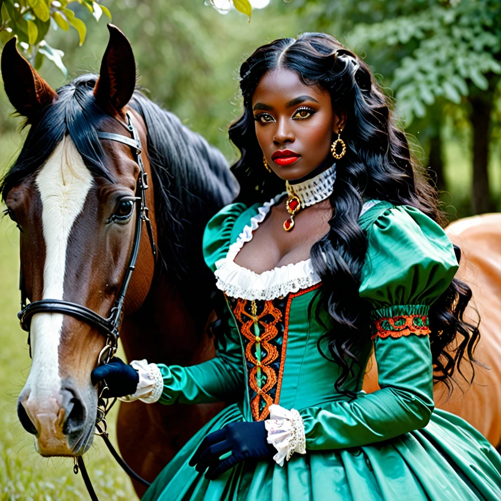 dark skin woman, with orange eyes, green and blue victorian era dress, with long wavy black hair, short black gloves on hands, a red ring on her finger, lips a little wide, golden hoops in her ears, with a completely white horse at his side