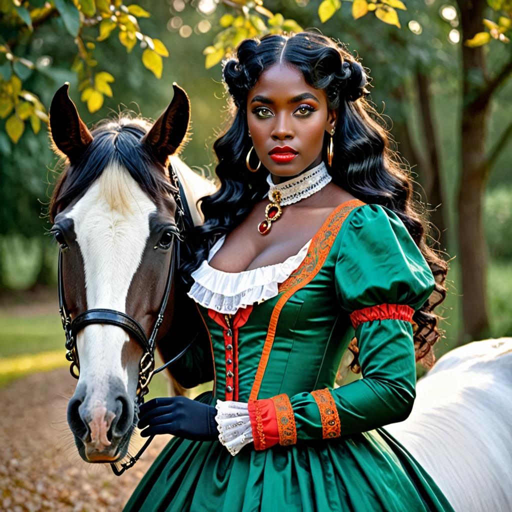 dark skin woman, with orange eyes, green and blue victorian era dress, with long wavy black hair, short black gloves on hands, a red ring on her finger, lips a little wide, golden hoops in her ears, with a completely white horse at his side