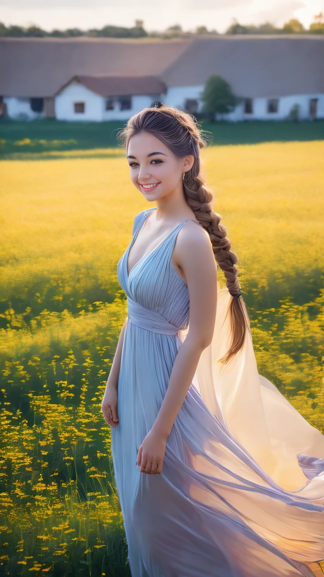 A photo of a TOK person, 1girl, 20 years old, tall and attractive, wearing a cute country dress, hair braided, standing in a rustic farm setting. She has a soft, gentle smile and expressive eyes. In the background are charming barns, golden wheat fields and clear blue skies. The composition should be bathed in warm golden hour light, with soft depth of field and soft bokeh to accentuate the idyllic tranquility. Capture images as if they were shot on vintage 35mm film for added oomph, filmg,