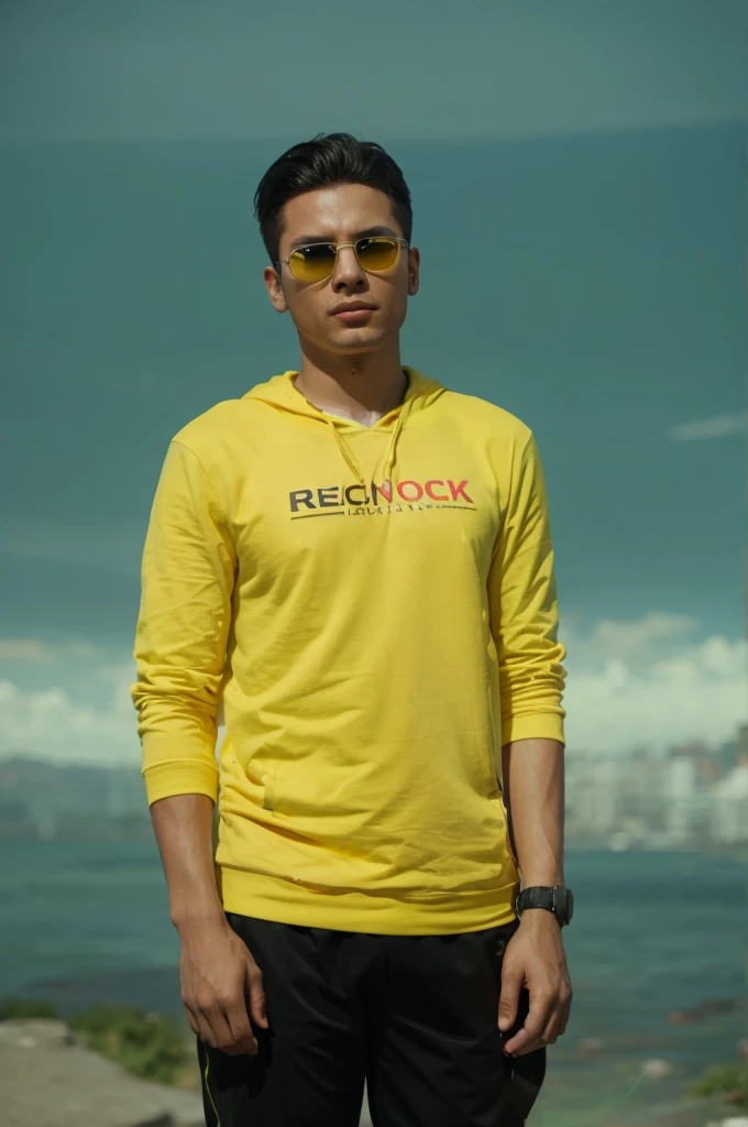 Smart boy black sunglass yellow hoody cyberpunk realistic 4k