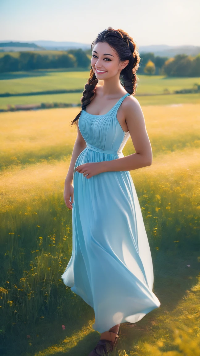 A photo of a TOK person, 1girl, 20 years old, tall and attractive, wearing a cute country dress, hair braided, standing in a rustic farm setting. She has a soft, gentle smile and expressive eyes. In the background are charming barns, golden wheat fields and clear blue skies. The composition should be bathed in warm golden hour light, with soft depth of field and soft bokeh to accentuate the idyllic tranquility. Capture images as if they were shot on vintage 35mm film for added oomph, filmg,