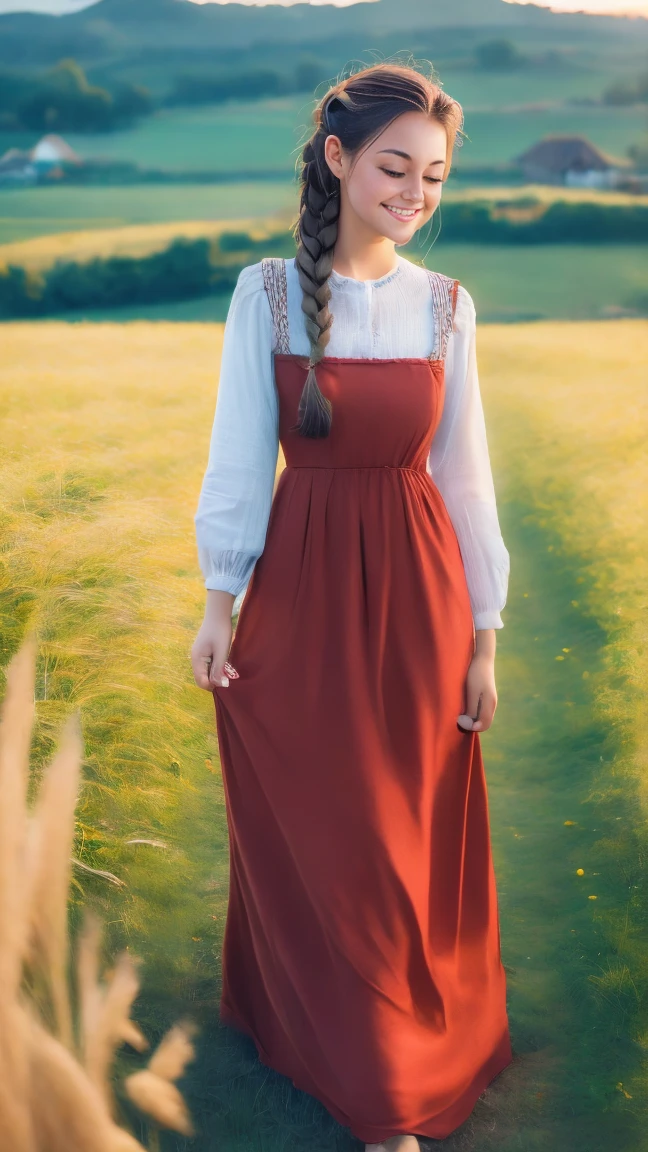 A photo of a TOK person, 1girl, 20 years old, tall and attractive, wearing a cute country dress, hair braided, standing in a rustic farm setting. She has a soft, gentle smile and expressive eyes. In the background are charming barns, golden wheat fields and clear blue skies. The composition should be bathed in warm golden hour light, with soft depth of field and soft bokeh to accentuate the idyllic tranquility. Capture images as if they were shot on vintage 35mm film for added oomph, filmg,