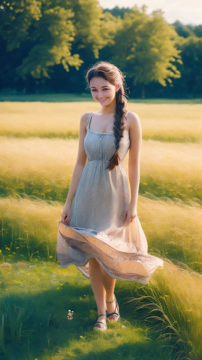 A photo of a TOK person, 1girl, 20 years old, tall and attractive, wearing a cute country dress, hair braided, standing in a rustic farm setting. She has a soft, gentle smile and expressive eyes. In the background are charming barns, golden wheat fields and clear blue skies. The composition should be bathed in warm golden hour light, with soft depth of field and soft bokeh to accentuate the idyllic tranquility. Capture images as if they were shot on vintage 35mm film for added oomph, filmg,