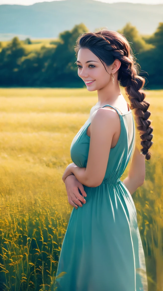 A photo of a TOK person, 1girl, 20 years old, tall and attractive, wearing a cute country dress, hair braided, standing in a rustic farm setting. She has a soft, gentle smile and expressive eyes. In the background are charming barns, golden wheat fields and clear blue skies. The composition should be bathed in warm golden hour light, with soft depth of field and soft bokeh to accentuate the idyllic tranquility. Capture images as if they were shot on vintage 35mm film for added oomph, filmg,