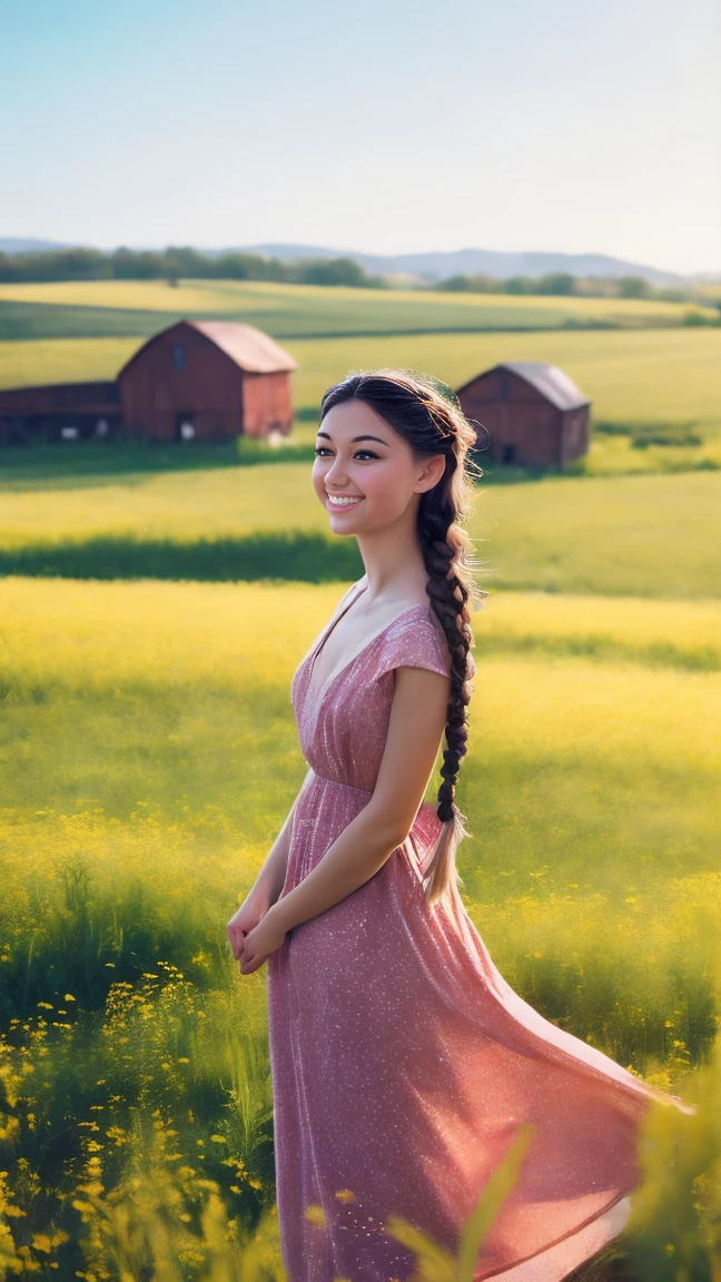A photo of a TOK person, 1girl, 20 years old, tall and attractive, wearing a cute country dress, hair braided, standing in a rustic farm setting. She has a soft, gentle smile and expressive eyes. In the background are charming barns, golden wheat fields and clear blue skies. The composition should be bathed in warm golden hour light, with soft depth of field and soft bokeh to accentuate the idyllic tranquility. Capture images as if they were shot on vintage 35mm film for added oomph, filmg,
