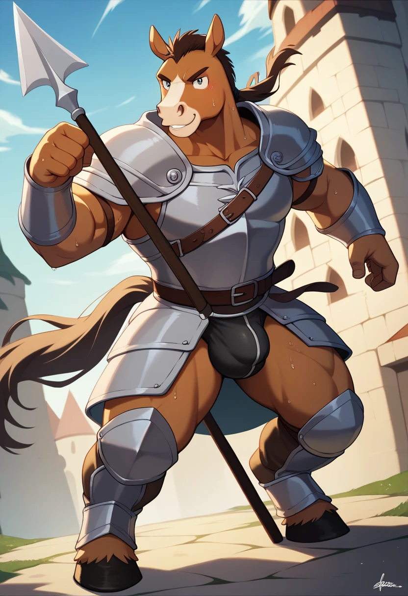 Top Quality, High-quality illustrations, the beautiful depiction of light seen in Vermeer's works, the intricate portrayal of muscles found in Michelangelo's works are highly admired, masterpiece, Dark Fantasy, Castle, Gatekeeper, absurdres, Perfect Anatomy(kemono, Beastman, Solo Focus, bulge in the crotch area) (Anthro,Horse Facial Features, Horse Body Features, Dense and Detailed Muscles)Full Body, Fighting Pose, Armor, Spear, Medieval Warrior, dense sweat,