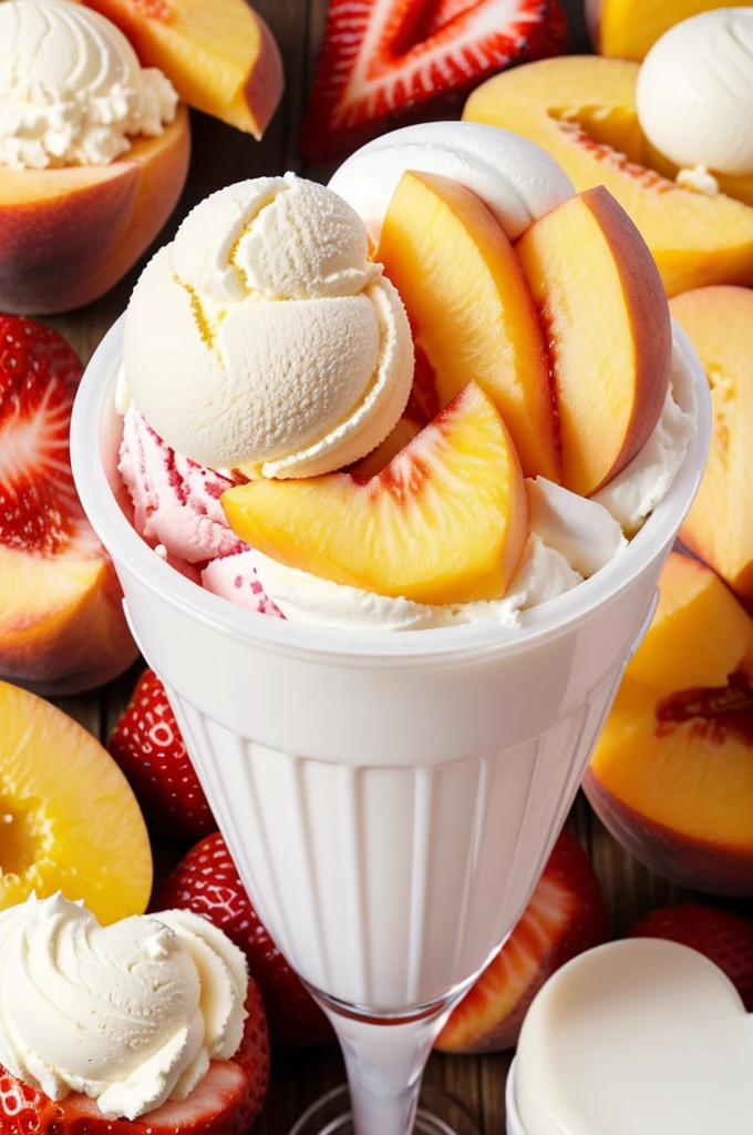 Create a logo for an ice cream in the shape of a heart and a star so that inside the ice cream you can see white yogurt and fruits like peaches., strawberry and also combined with the logo name Sweet life 