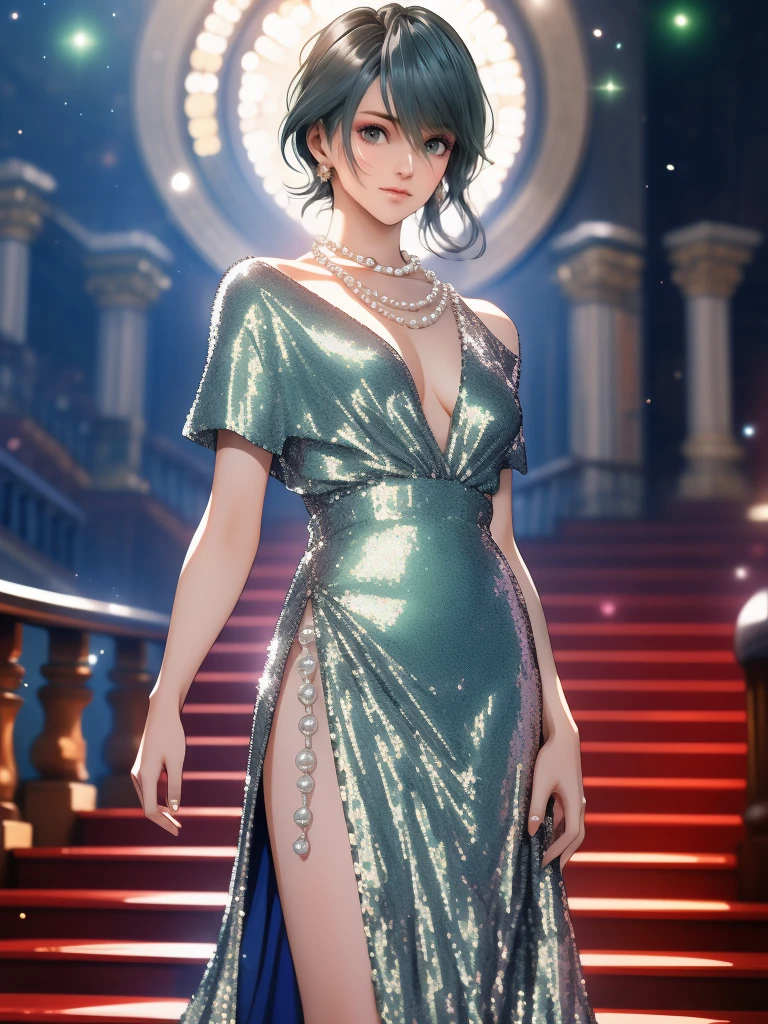 1woman, tamaki, green short hair, hair between eyes, Thin eyebrows, detailed eyes, Small Head, (silver sequined dress:1.3), smile, Pearl Necklace, standing on the grand staircase,