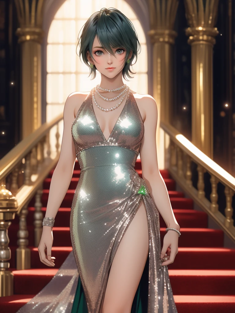 1woman, tamaki, green short hair, hair between eyes, Thin eyebrows, detailed eyes, Small Head, (silver sequined dress:1.3), smile, Pearl Necklace, standing on the grand staircase,