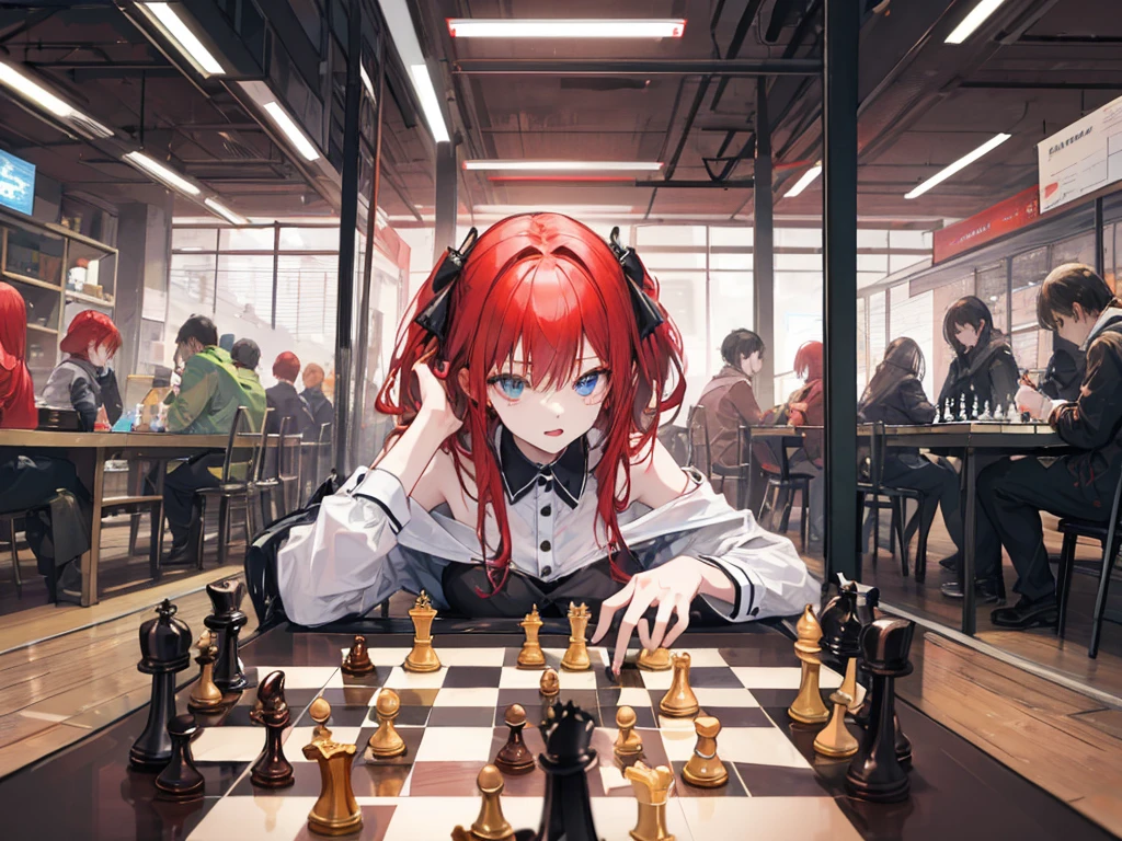 A redhead woman is participating in a chess tournament、There are people playing chess around々Lots of、Cloudy、Highest quality、